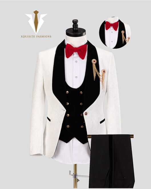 Men’s 3-Piece White Jacquard Tuxedo Suit – Luxury Groom’s Attire